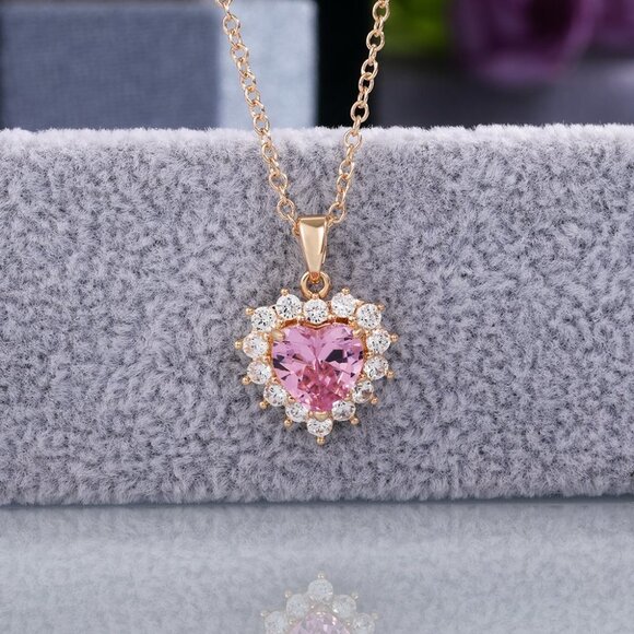 🔥 Pink Diamond Heart Flower Rose Gold Plated CZ Heart Necklace, EVGG1106 - Picture 1 of 6